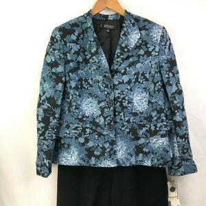 Kasper Silk Blue Floral Black 2 Pc Pants Blazer